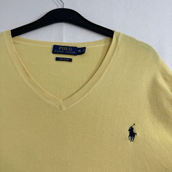 Polo Ralph Lauren Men's Sweater Yellow Pima Cotton V-Neck Logo Pullover X Large - Picture 4 of 7